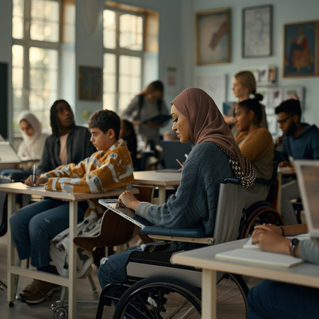 Portrait of a muslim female student sitting in a wheelchair in a classroomの素材