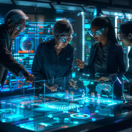 Group of business people working together in modern office. They are using hologram screens to create digital images.の素材