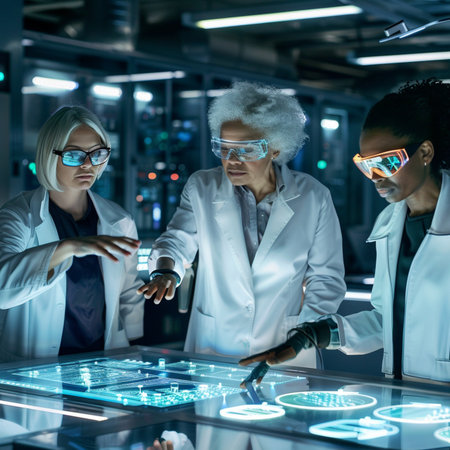 Innovative technologies. Dark-haired female scientist wearing safety glasses working with futuristic interfaceの素材