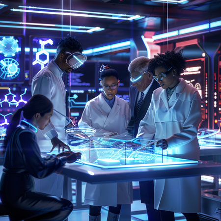 Innovative technologies. Group of smart young people in smart casual wear working together in the laboratory while using futuristic technologiesの素材