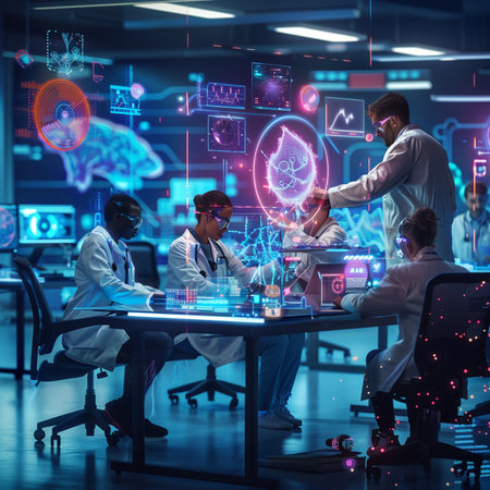 Medical team working with futuristic interface. Medicine and healthcare concept. Double exposureの素材