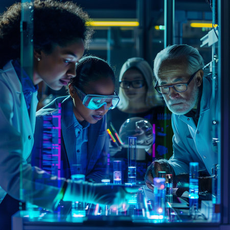 Group of young scientists working on a new experiment in a laboratory.の素材