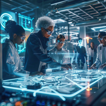 African american businesswoman in eyeglasses working on digital tablet in officeの素材