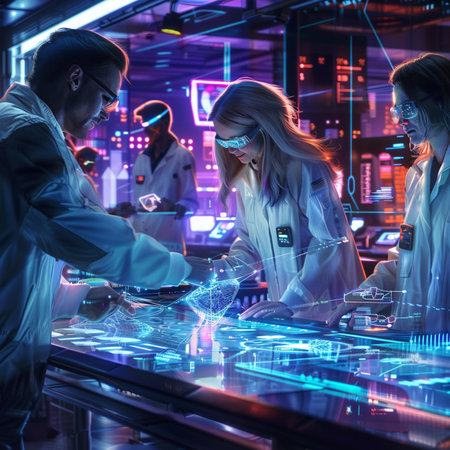 Group of scientists working in laboratory. Science and technology concept. Double exposureの素材