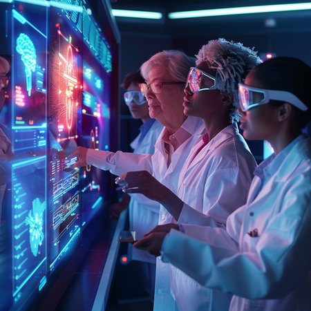 Group of scientists in lab coats looking at holographic screen while working in laboratoryの素材