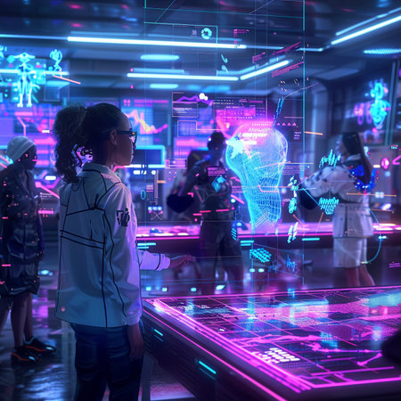 Young african american woman playing video games at night club with neon lightsの素材