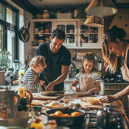 Happy family in the kitchen. Mother, father and children are preparing food.の素材