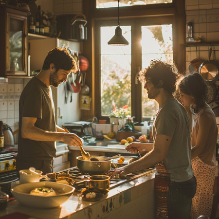 Couple cooking together in the kitchen at home. Man and woman are preparing food.の素材