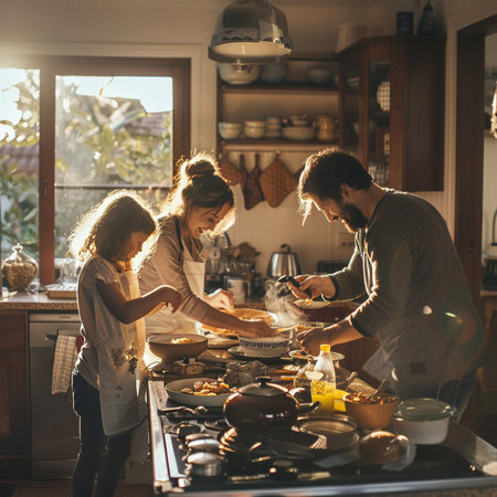 Happy family cooking in the kitchen at home. Mother, father and their little daughter are preparing food.の素材