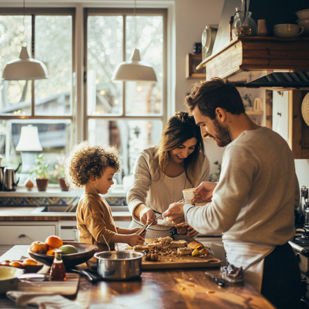 Beautiful young family is cooking together in the kitchen at home.の素材