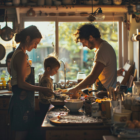 Happy family cooking together in the kitchen. Father, mother and son are preparing food.の素材