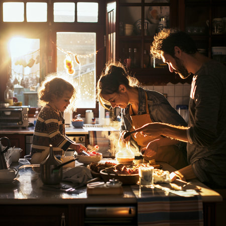 Happy family cooking together in the kitchen at home. Mother, father and their daughter are preparing food.の素材