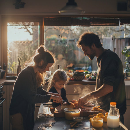 Cute little girl with her parents cooking together in the kitchen at homeの素材