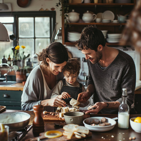 Happy family cooking together in the kitchen at home. Mother, father and son are preparing breakfast.の素材