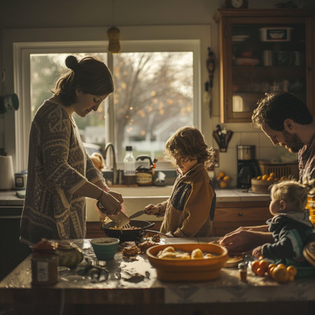 Happy family cooking together in the kitchen. Mother, father and their children are preparing cookies.の素材