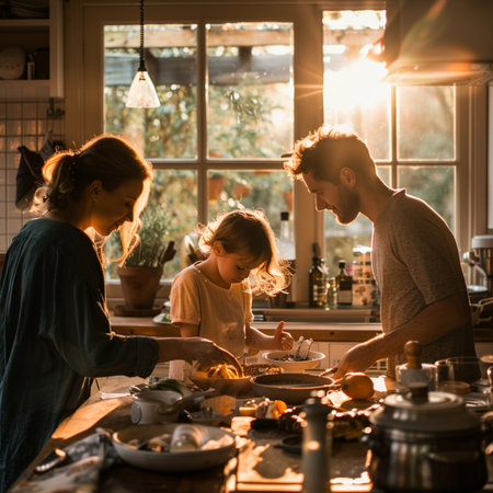 Happy family is cooking together in the kitchen at home. Mother, father and their little daughter are preparing food.の素材