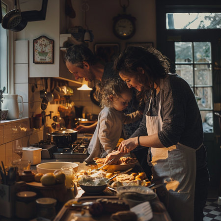 Happy family cooking together in the kitchen. Mother, father and son are preparing food.の素材