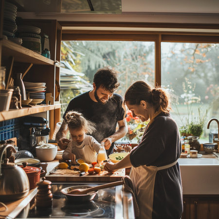 Happy family cooking together in the kitchen at home. Mother, father and their little daughter are preparing a meal.の素材