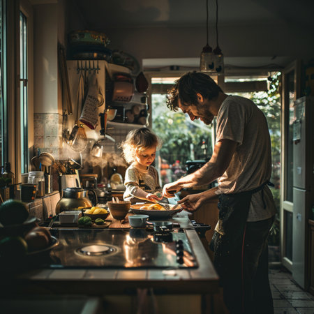 father and son cooking together in the kitchen at home in the morningの素材