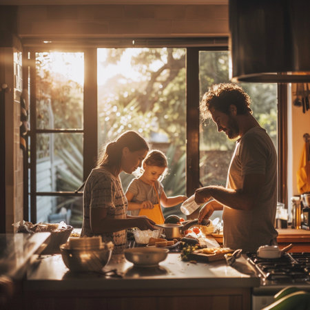 Beautiful young family is cooking together in the kitchen at home.の素材