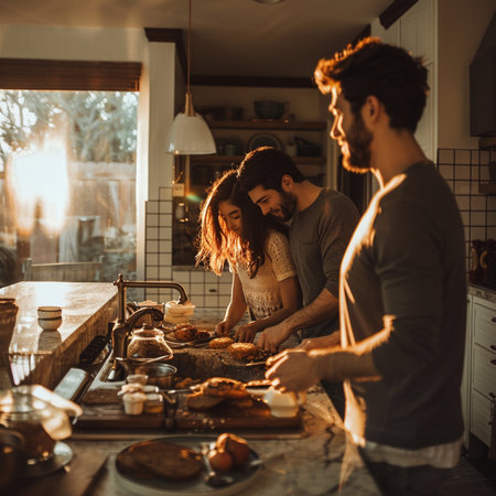 Young couple cooking together in the kitchen at home. Man and woman preparing breakfast.の素材