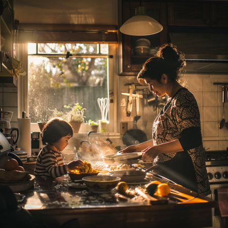 Mother and daughter cooking in the kitchen at home. Happy family conceptの素材