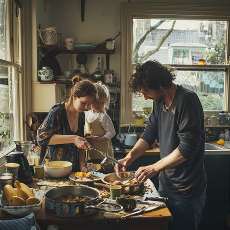 Couple cooking together in the kitchen. A man and a woman are preparing food.の素材