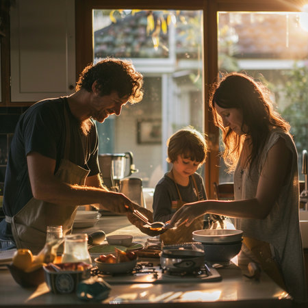 Happy family cooking together in the kitchen at home. Father, mother and son are preparing food.の素材