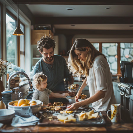 Beautiful young family is cooking together in the kitchen at home.の素材