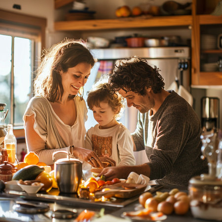 Happy family cooking together in the kitchen at home. Mother, father and their little son are preparing food.の素材