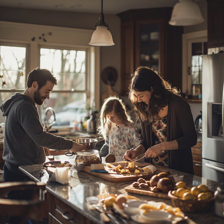 Happy family preparing breakfast in the kitchen. Mother, father and daughter are preparing food together.の素材