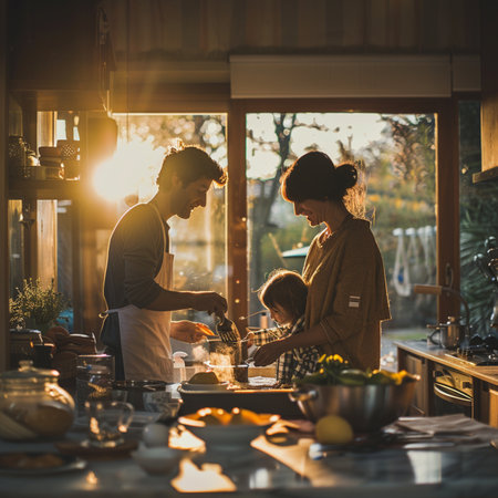 Young family cooking together in the kitchen at home. Mother, father and son are preparing food.の素材