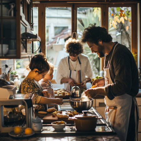 Happy family is preparing breakfast in the kitchen at home. Father, mother and daughter are preparing food.の素材