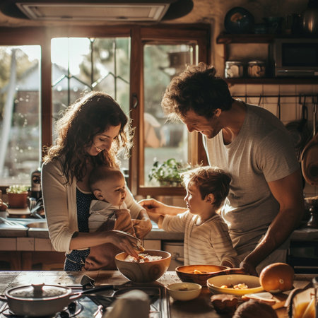 Happy family cooking in the kitchen at home. Mother, father and their children are preparing food.の素材