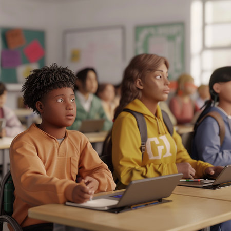 Cute African-American boy with laptop sitting at desk in classroomの素材