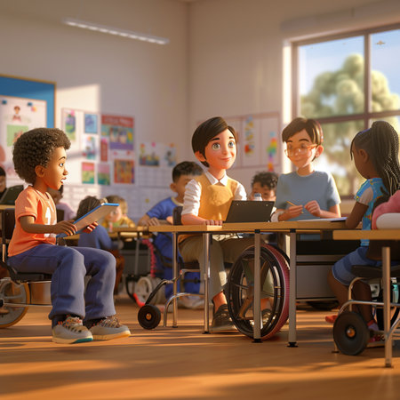 Cute African-American boy in a wheelchair with his classmates in a classroomの素材