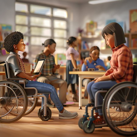 3D illustration of a girl in a wheelchair and her friend in the backgroundの素材