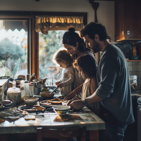 Happy family cooking together at home. Mother, father and their little daughter are preparing food.の素材