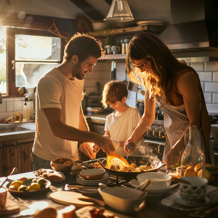 Happy family is cooking together in the kitchen at home. Father, mother and son are preparing food.の素材