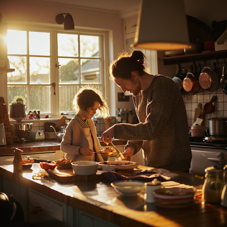 Happy family cooking together at home. Mother and daughter in the kitchen.の素材