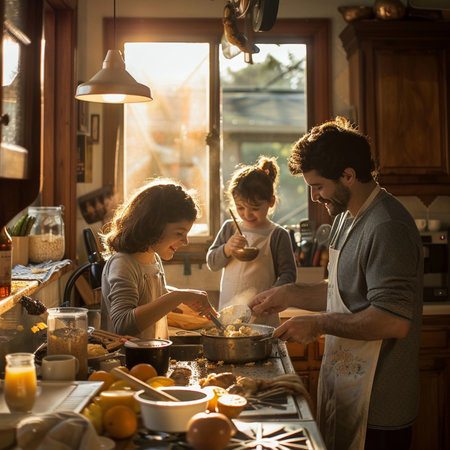 Happy family preparing food in the kitchen at home. Mother, father and their children having fun while preparing food.の素材