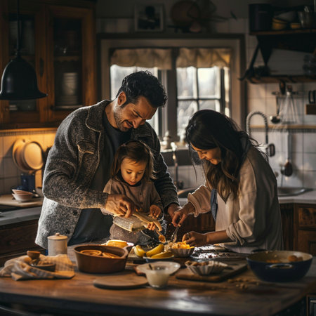 Happy family cooking together in the kitchen. Father, mother and daughter are preparing food.の素材