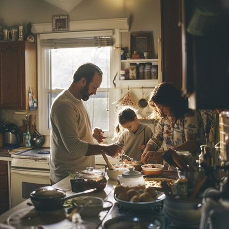 Happy family cooking together in the kitchen at home. Mother, father and their little daughter are preparing food.の素材
