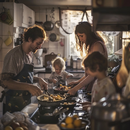 Young family cooking together in the kitchen at home. Selective focus.の素材