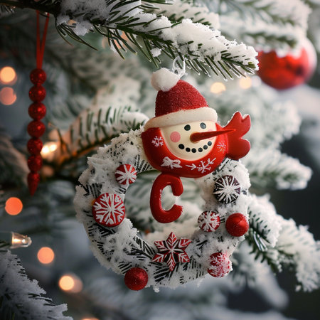 Christmas decoration hanging on a christmas tree with bokeh backgroundの素材
