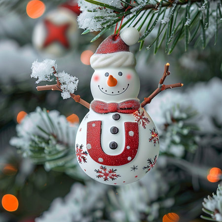 Snowman toy hanging on Christmas tree branch with bokeh backgroundの素材