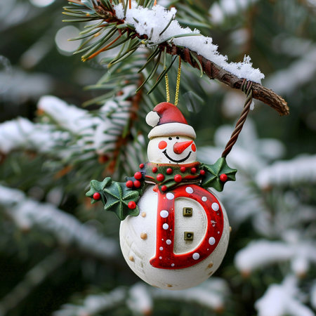 Snowman on a Christmas tree in the snow. Christmas background.の素材