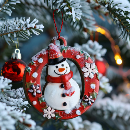 Christmas decoration on the branches of a Christmas tree with a snowmanの素材