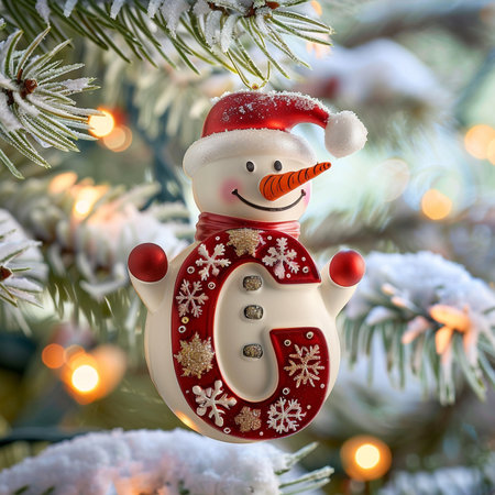 Snowman on a Christmas tree in the snow. Christmas background.の素材