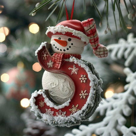 Snowman on a Christmas tree in front of a bokeh backgroundの素材